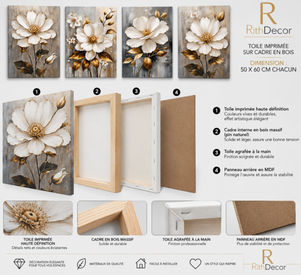 Ensemble de 3 Tableaux Floraux sur Toile – Fleur Blanche Élégante | Décoration Murale Moderne | 50 × 70cm | RithDecor