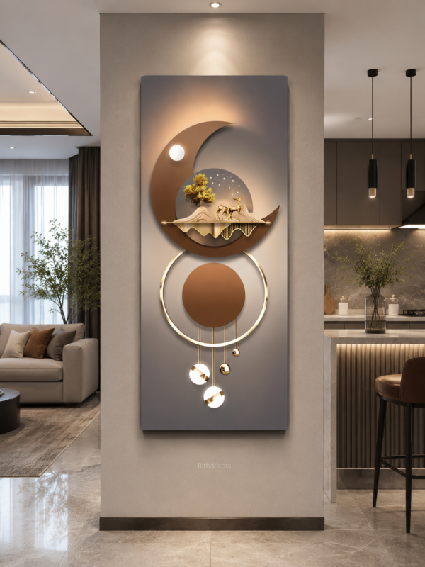 3B0C452D-5393-42B1-AEAC-0D73064EFB1B Tableau mural contemporain « Équilibre Lunaire » – Art mural 3D beige, brun et or – Toile décorative de luxe