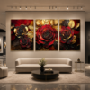 Ensemble de 3 Tableaux Muraux Luxe en Cristal Porcelaine – Roses Rouges & Feuilles Dorées – Cadres 50 × 70 cm – Décoration Élégante pour Intérieur | Rithdecor