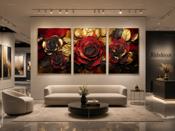 Ensemble de 3 Tableaux Muraux Luxe en Cristal Porcelaine – Roses Rouges & Feuilles Dorées – Cadres 50 × 70 cm – Décoration Élégante pour Intérieur | Rithdecor