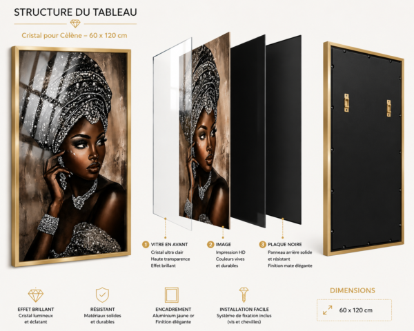 407E342A-47DD-4676-9ACB-9FE7EB0ACF33 Art mural 1 pièce – Femme Africaine Élégante | Tableau en Cristal Porcelaine | Cadre Jaune Or | 60 × 120 cm | Décoration Murale de Luxe | Rithdecor