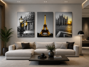 40844FA9-38FD-4250-9C4A-EA890B2CC6A9 Ensemble de 3 Tableaux Décoratifs sur Toile – Paris & Architecture Européenne | Canvas Wall Art Moderne | Gris et Doré | 18 × 24 pouces | RithDecor