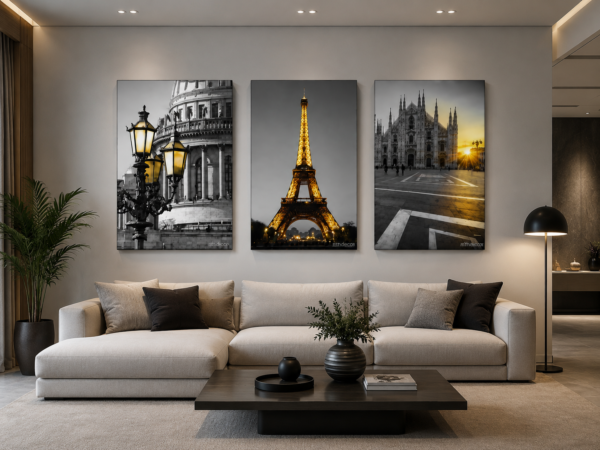 40844FA9-38FD-4250-9C4A-EA890B2CC6A9 Ensemble de 3 Tableaux Décoratifs sur Toile – Paris & Architecture Européenne | Canvas Wall Art Moderne | Gris et Doré | 18 × 24 pouces | RithDecor