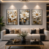 Ensemble de 3 Pièces – Art Mural Floral Moderne | Cadre en Cristal Porcelaine | 50 × 70 cm | Décoration Murale de Luxe | RithDecor