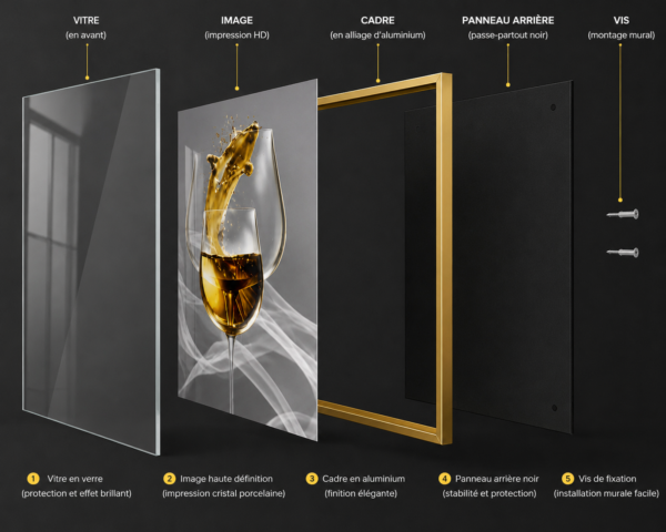 Art Mural Moderne en Cristal Porcelaine – Verres Élégants | Cadre Noir et Doré | 50 × 70 cm