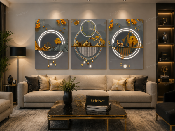 Tableau Mural Abstrait Moderne – Ensemble de 3 Pièces – Toile Canvas Encadrée – 50 × 70 cm – Gris, Or et Blanc – Décoration Murale de Luxe