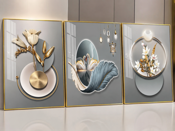 Ensemble de 3 Tableaux Muraux Modernes – Fleurs & Cygnes – Cadres Cristal Porcelaine en Diamant – Encadrement Doré – 50 × 70 cm