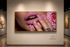 Art mural Glamour – Lèvres Roses & Manucure Luxe | Cadre Décoratif en Cristal Porcelaine | Cadre Jaune Or | 60 × 120 cm | Rithdecor