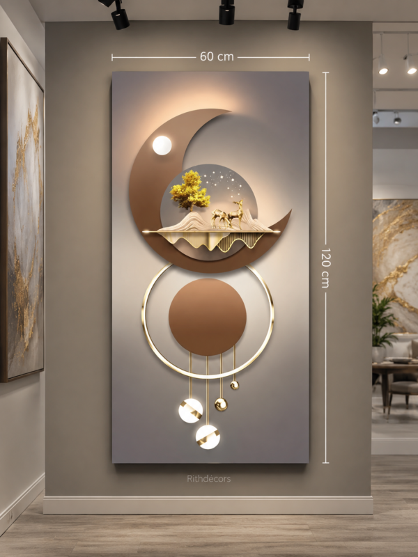 4CF35B94-F2E0-4C23-AB1B-2F68F22FBFED Tableau mural contemporain « Équilibre Lunaire » – Art mural 3D beige, brun et or – Toile décorative de luxe