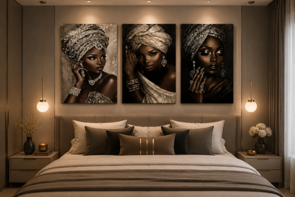 4D3BAF42-CCAB-4712-9DF6-0849851CF8CF Ensemble de 3 tableaux sur toile – Femmes africaines élégantes – 18 × 24 pouces