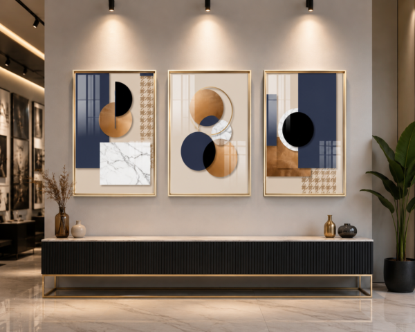 Ensemble de 3 Tableaux Abstraits Modernes – Cadre Aluminium Or Champagne – Cristal Porcelaine Effet Diamant – 50 × 70 cm