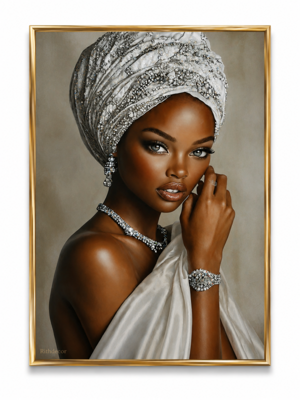 53E4ACBB-739A-451E-99F2-2997C2F2CBDF Pièce d’art mural en cristal porcelaine – Portrait Élégance Africaine – 50 × 70 cm – Cadre aluminium or champagne brossé