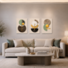 Ensemble de 3 Tableaux Muraux Abstraits – Canvas sur Toile – Art Géométrique Moderne – 45 × 60 cm – Tons Beige, Vert Sauge, Noir et Or