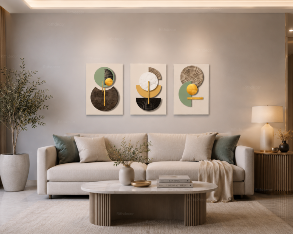 Ensemble de 3 Tableaux Muraux Abstraits – Canvas sur Toile – Art Géométrique Moderne – 45 × 60 cm – Tons Beige, Vert Sauge, Noir et Or