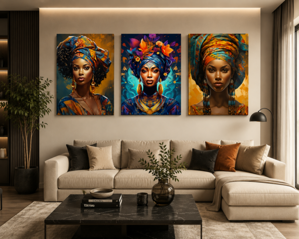 Ensemble de 3 Tableaux Africains Modernes – Art Mural sur Toile (Canvas) – Décoration Murale Colorée – 45 × 60 cm chacun