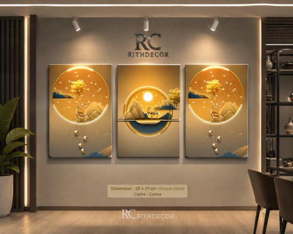 Ensemble de 3 Tableaux Décoratifs Modernes – Paysage Doré avec Cerfs | Cadre Canva | 45 x60 cm | Art Mural Élégant – RithDecor