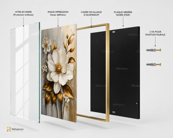 Ensemble de 3 Pièces – Art Mural Floral Moderne | Cadre en Cristal Porcelaine | 50 × 70 cm | Décoration Murale de Luxe | RithDecor