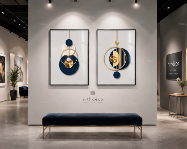 5FA11910-E3B8-4F63-A46B-87C83E235836 Ensemble de 2 Tableaux Muraux Abstraits Modernes – Bleu Marine et Or – Décoration Murale de Luxe – Cadre Noir – 50 × 70 cm