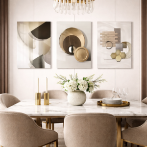 Ensemble de 3 Cadres de Décoration Murale Abstraits Modernes – Style Minimaliste Beige et Doré – 45 × 60 cm
