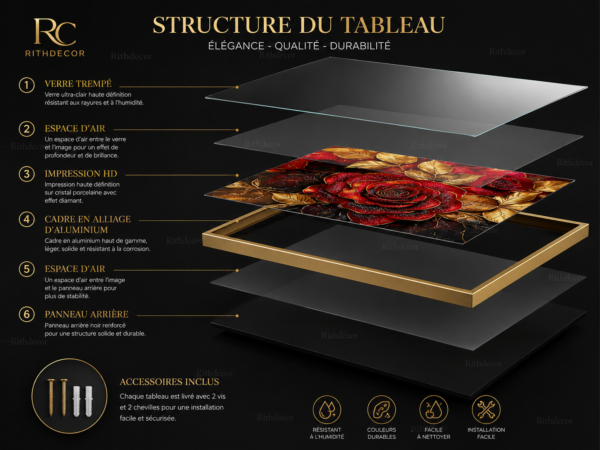 Ensemble de 3 Tableaux Muraux Luxe en Cristal Porcelaine – Roses Rouges & Feuilles Dorées – Cadres 50 × 70 cm – Décoration Élégante pour Intérieur | Rithdecor