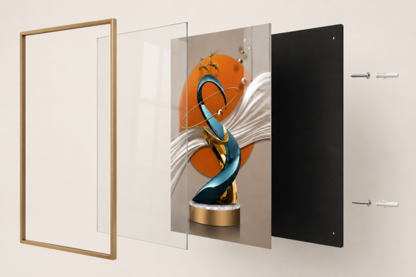 1 Pcs Tableau mural moderne en cristal porcelaine – Sculpture abstraite de luxe avec cadre noir ou champagne brossé