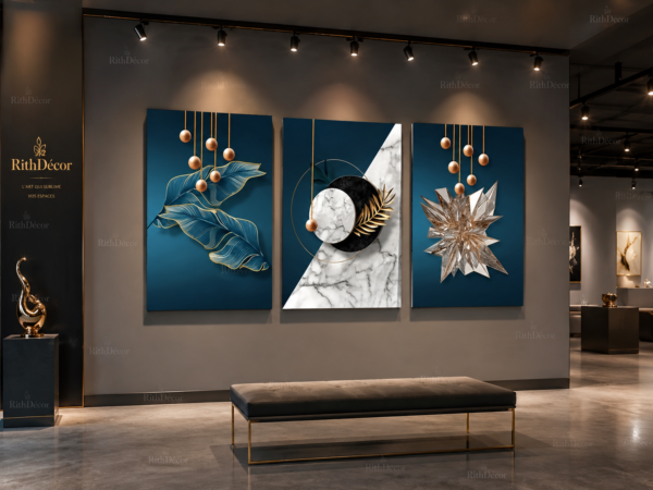 Ensemble de 3 Tableaux Muraux Abstraits de Luxe – Art Géométrique Bleu Marine et Marbre – Canvas sur Toile – 50 × 70 cm