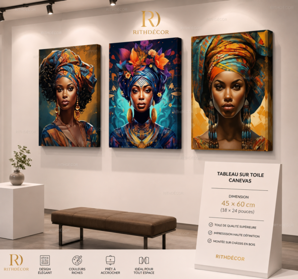 Ensemble de 3 Tableaux Africains Modernes – Art Mural sur Toile (Canvas) – Décoration Murale Colorée – 45 × 60 cm chacun