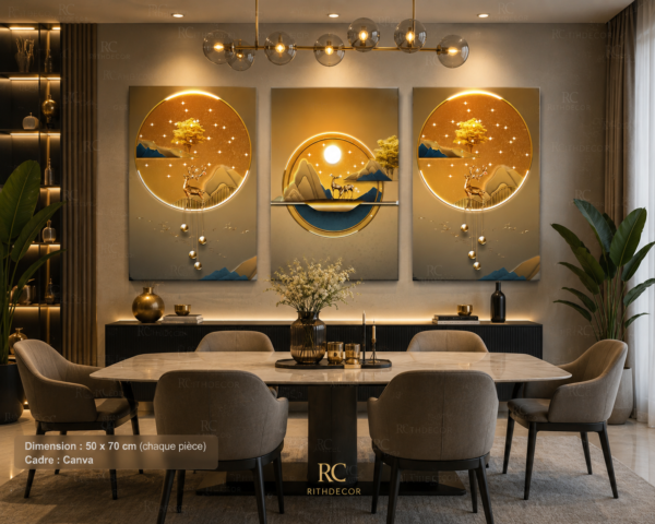 Ensemble de 3 Tableaux Décoratifs Modernes – Paysage Doré avec Cerfs | Cadre Canva | 50 × 70 cm | Art Mural Élégant – RithDecor