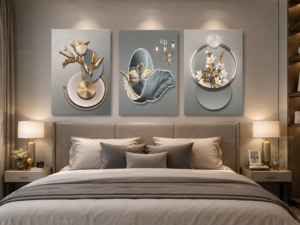 70549679-DBC2-4307-A828-8F9505042C40 Ensemble de 3 Tableaux Décoratifs Floraux Modernes – Canvas sur Toile – Art Mural Contemporain – 50 × 70 cm – Tons Gris, Blanc et Or