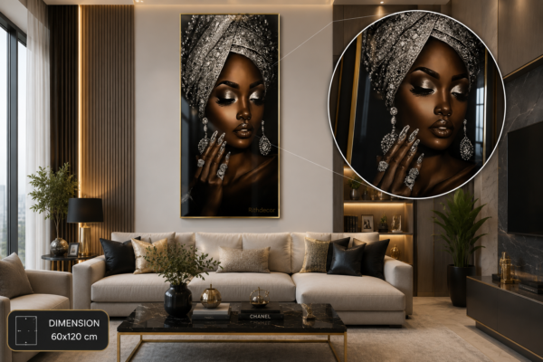 71AEE62E-9363-43F1-B48B-17CACE09DDC5 Art mural 1 pièce sur toile (Canvas) – Portrait Femme Élégante Noir & Argent | Décoration Murale Moderne | Tableau Vertical 60 × 120cm | Rithdecor