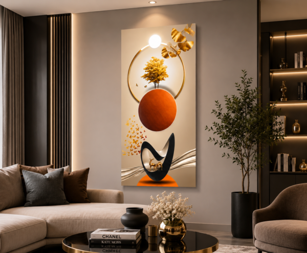 Tableau Abstrait Moderne 3D Beige et Or – Toile Murale Verticale 60 × 120 cm – Décoration de Salon de Luxe