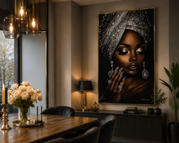 777BAB80-7BB0-4AA7-A8FB-4444396D00A0 Art mural 1 pièce – Portrait Femme Élégante Noir & Or | Tableau en Cristal Porcelaine | Décoration Murale de Luxe | 60 × 120 cm | Rithdecor