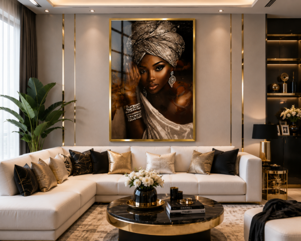 7A4435EA-F2C8-4501-9732-92C60E7A80C2 Art mural 1 pièce – Femme Africaine Élégante | Cadre en Cristal Porcelaine | Cadre Noir | Décoration Murale Moderne | 50 × 70 cm | Rithdecor