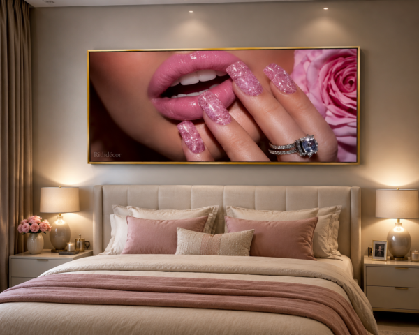 Art mural Rose Glamour – Tableau sur Toile (Canvas) | Lèvres Roses & Manucure Luxe | Décoration Murale Moderne | 60 × 120 cm | Rithdecor