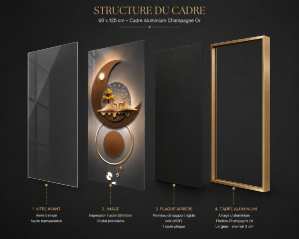 7E095F5A-2502-44BC-B43C-B19FB13544DF Tableau mural contemporain HD – Cristal porcelaine – Cadre aluminium or champagne brossé – 60 × 120 cm