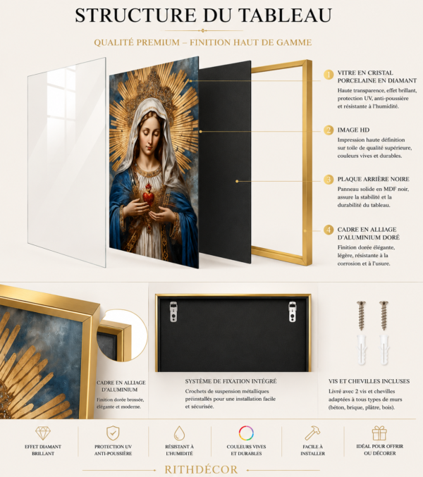 La Vierge Marie au Cœur Immaculé – Cadre Décoration Religieuse de Luxe – Art Sacré – Cadre Cristal Porcelaine en Diamant – 50 × 70 cm – Encadrement Doré