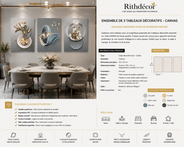 Ensemble de 3 Tableaux Décoratifs Floraux Modernes – Canvas sur Toile – Art Mural Contemporain – 50 × 70 cm – Tons Gris, Blanc et Or