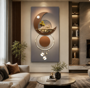 80B43D7F-038B-448B-BDF2-4DD56C778B06 Tableau mural contemporain « Équilibre Lunaire » – Art mural 3D beige, brun et or – Toile décorative de luxe