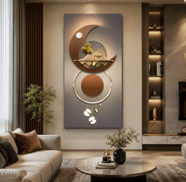 80B43D7F-038B-448B-BDF2-4DD56C778B06 Tableau mural contemporain « Équilibre Lunaire » – Art mural 3D beige, brun et or – Toile décorative de luxe