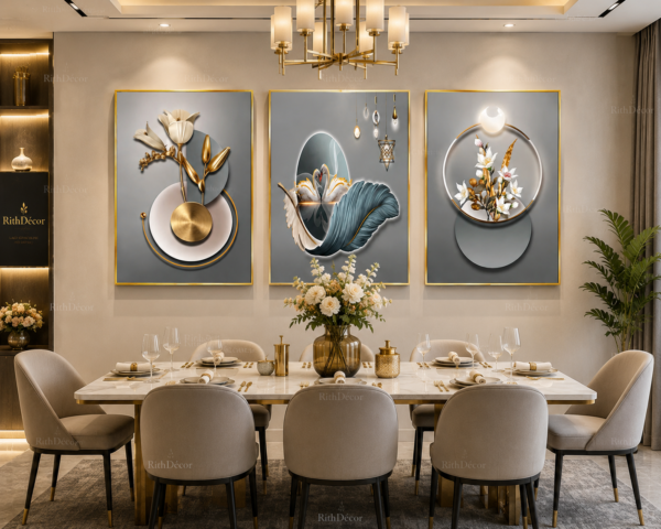 Ensemble de 3 Tableaux Muraux Modernes – Fleurs & Cygnes – Cadres Cristal Porcelaine en Diamant – Encadrement Doré – 50 × 70 cm