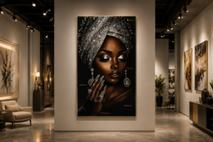 Art mural 1 pièce – Portrait Femme Élégante Noir & Or | Tableau en Cristal Porcelaine | Décoration Murale de Luxe | 60 × 120 cm | Rithdecor