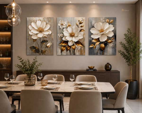 Ensemble de 3 Tableaux Floraux sur Toile – Fleur Blanche Élégante | Décoration Murale Moderne | 50 × 70cm | RithDecor