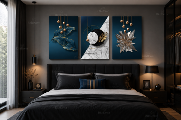 Ensemble de 3 Tableaux Muraux Abstraits de Luxe – Art Géométrique Bleu Marine et Marbre – Canvas sur Toile – 50 × 70 cm