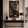 Art mural 1 pièce – Femme Africaine Élégante | Cadre en Cristal Porcelaine | Verre Brillant | Cadre Noir | 50 × 70 cm | Rithdecor
