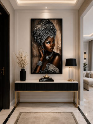 978B52DC-E5F7-4D74-8D41-D497C44E4866 Art mural 1 pièce – Femme Africaine Élégante | Cadre en Cristal Porcelaine | Verre Brillant | Cadre Noir | 50 × 70 cm | Rithdecor
