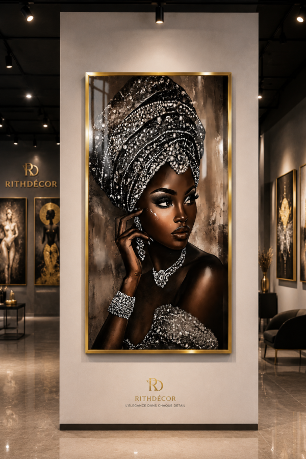 97978083-609A-4819-9365-22BD4A3A21AE Art mural 1 pièce – Femme Africaine Élégante | Tableau en Cristal Porcelaine | Cadre Jaune Or | 60 × 120 cm | Décoration Murale de Luxe | Rithdecor
