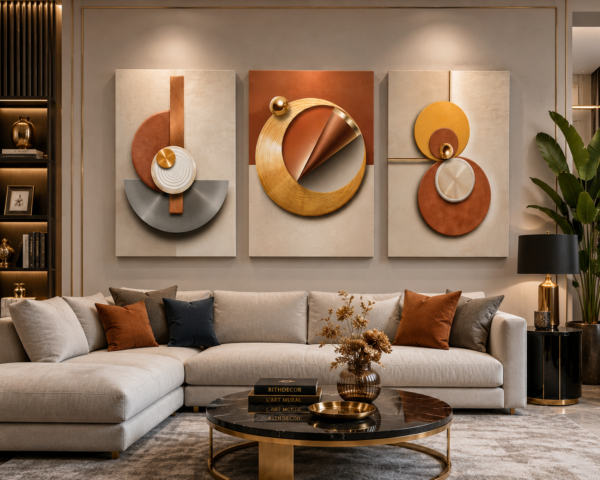 98040928-92B4-4CD9-A2E0-D5874FD48559 Ensemble de 3 Tableaux Décoratifs Abstraits – Canvas sur Toile – Art Mural Moderne Géométrique – 50 × 70 cm – Tons Terracotta, Beige, Gris et Or
