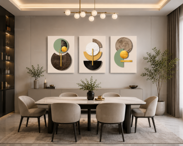 Ensemble de 3 Tableaux Muraux Abstraits – Canvas sur Toile – Art Géométrique Moderne – 45 × 60 cm – Tons Beige, Vert Sauge, Noir et Or