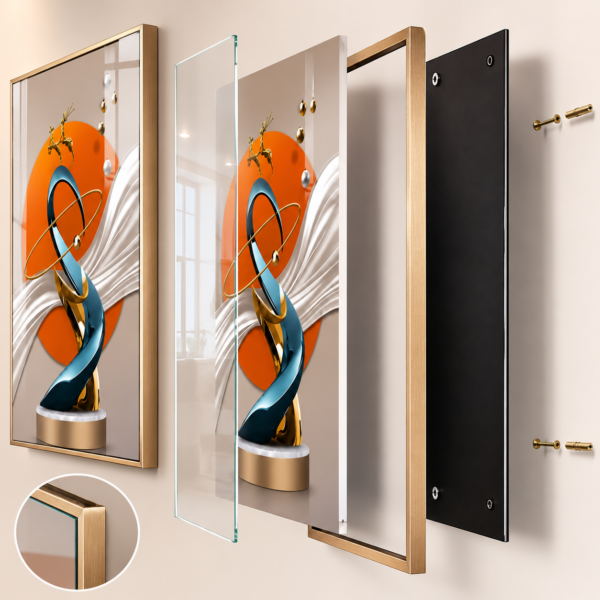 1 Pcs Tableau mural moderne en cristal porcelaine – Sculpture abstraite de luxe avec cadre noir ou champagne brossé