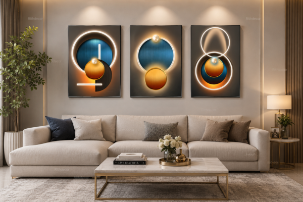 9A6992E6-E056-4850-8F55-2D3FA7786667 Ensemble de 3 Tableaux Muraux Abstraits Lumineux – Canvas sur Toile – Art Moderne Géométrique – 50 × 70 cm